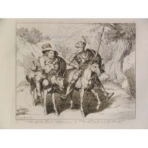 Don Quijote armado y montado sobre rocinante, acompañado por su escudero Sancho Panza