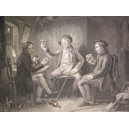 Interior de taberna con tres hombres bebiendo
